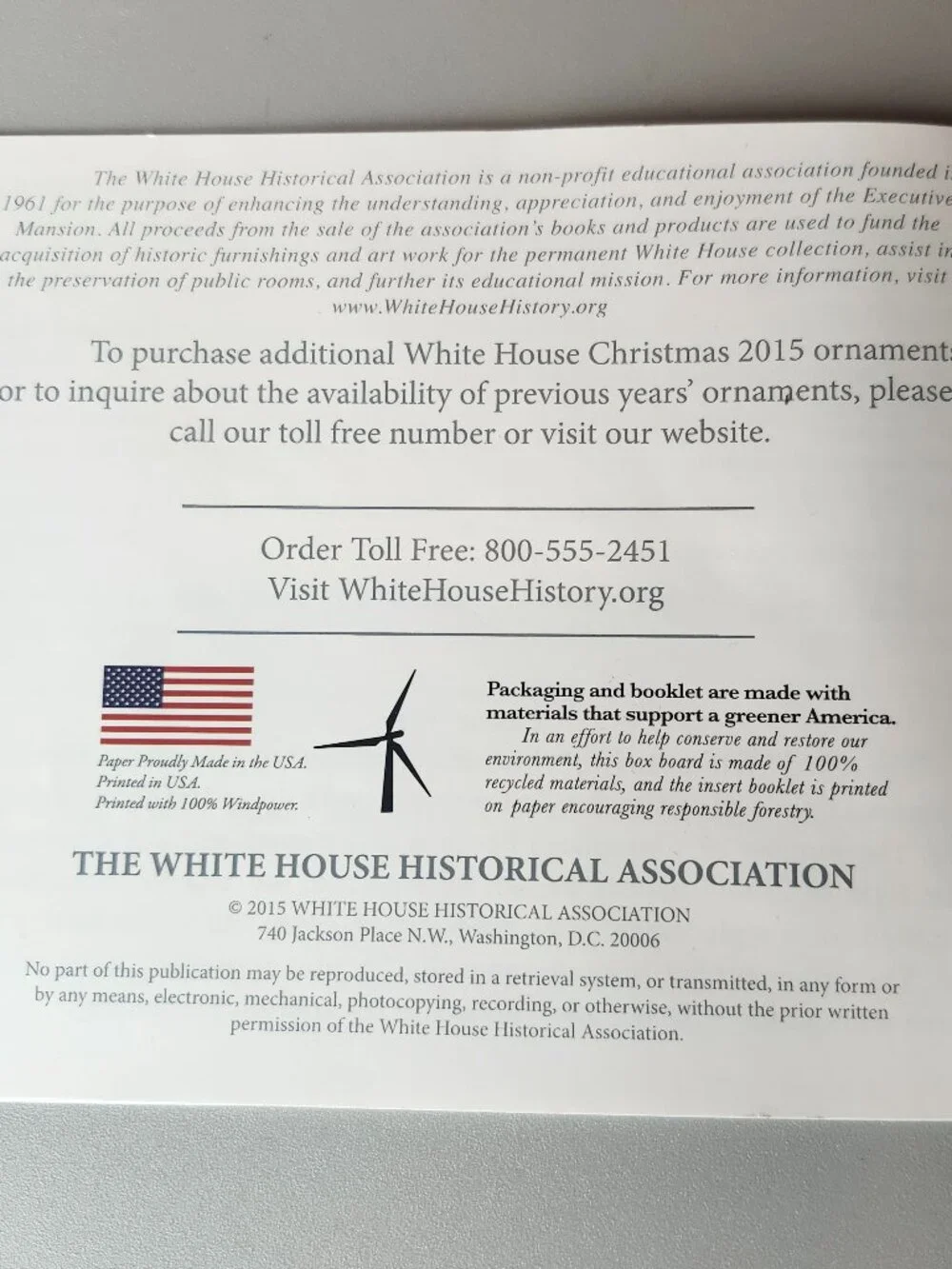 The White House Historical Association Christmas Ornament 2015